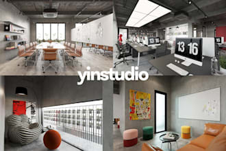 design and render office, workspace studio, headquarters