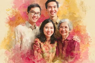 draw watercolor family portrait painting from combine photo in watercolor style