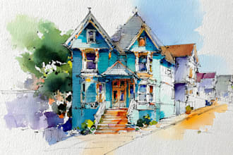 paint a watercolor house portrait or city space illustration