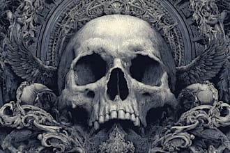 draw detailed dark art, heavy metal, skull illustration