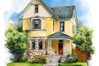 paint a watercolor house portrait or city space illustration