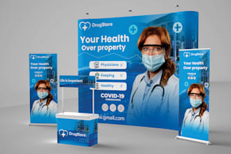 design trade show booth graphics, backdrop, booth wall, popup  roll up banner
