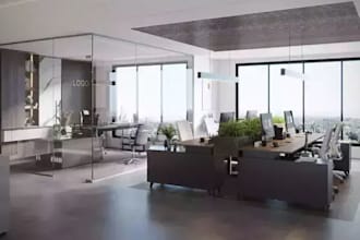 redesign minimalist office interior, window glass render, coworking spaces cgi