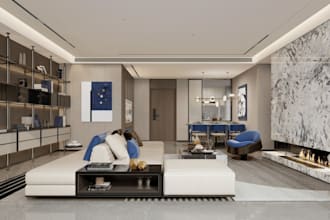 redesign functional living area, luxury villa interior render,master bedroom cgi
