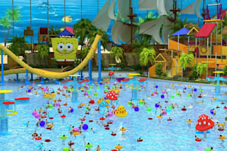 visualize 3d inclusive play park,disneyland playground,waterpark,carousel,castle