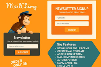 design email template, mailchimp form, setup email campaign
