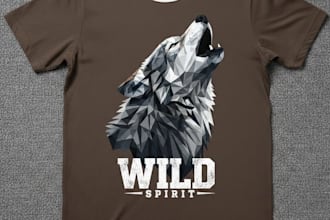 make for you high quality brown t shirt with gray geometric wolf graphic