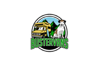 do iconic buster vans logo with a camper van and surfboard