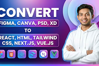 convert figma xd psd canva UI into react, tailwind or html website development