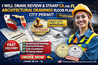 draw, review stamp ca and fl architectural drawings floor plan USA city permit