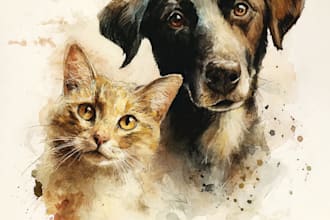 draw a awesome watercolor portrait cat, dog,