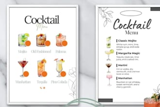 design cocktail recipe cards, drink bar restaurant events menu bartender guide