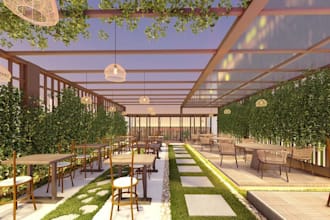 manifest indoor cafe design, outdoor dining, pergola, restaurant garden, render