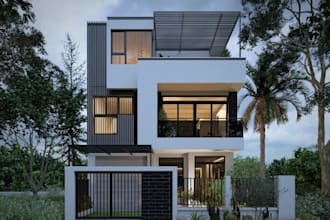 render 3d modern detached home,villa balcony,exterior design,low rise building