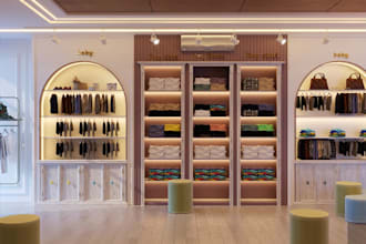 walkthrough 3d kid store interior design, shopfront render, rooftop design, logo