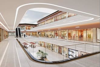 redesign shopping mall, laminated glass, retail space,grocery store,3d rendering
