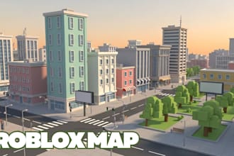 design urban roblox game map, city map, assets, buildings props in roblox studio