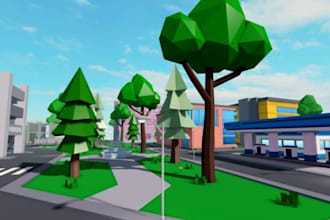 create full roblox game, roblox map and environment, character design, animation