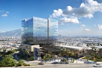 revisualize highrise commercial building,sleek glass facade,office tower design