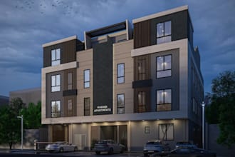 remodel building exterior, interior rendering, front elevation, mep drawing, cgi