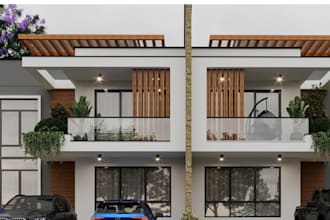 3d townhouse villa,duplex exterior,co housing design,patio,play village render