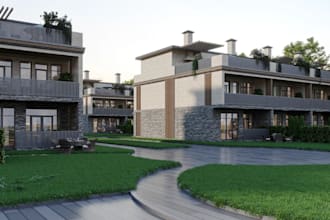 construct 3d housing estate,lounge area,balcony exterior,landscape,octane render