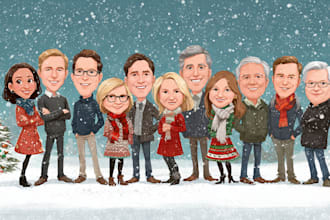 make a group christmas caricature, winter holiday caricature