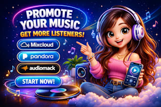 professionally promote mixcloud , pandora, audiomack music to get listeners