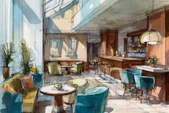 create interior illustration with watercolor or marker