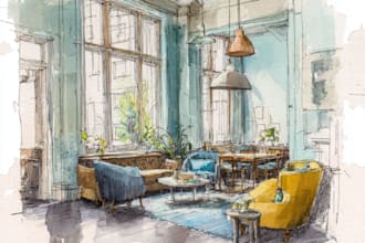 draw architectural building interior sketches with watercolor