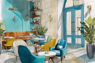 do watercolor style architectural or interior illustration