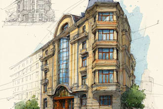 sketch architecture building or houses with watercolour rendering