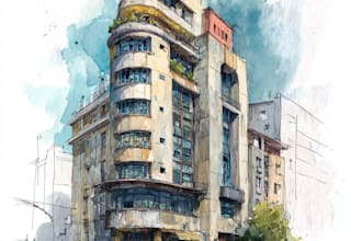 sketch architecture building with watercolor rendering