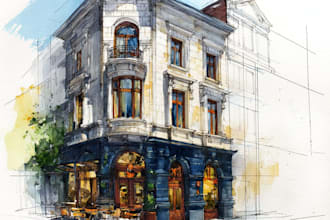 sketch architecture building or houses with watercolour rendering