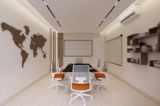optimize 3d modern office interior, render meeting space, layout, cgi furniture