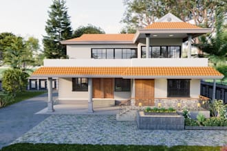 revit 3d kerala pattern elevation, exterior roof overhang design, veranda render