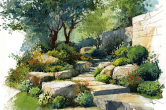 draw watercolor drawings of landscape designs or home gardens