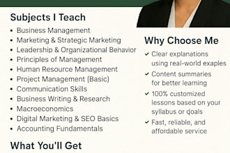 teach business management, marketing, economics  and accounting task online