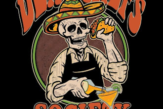 design a retro vintage taco skull mexican restaurant t shirt design