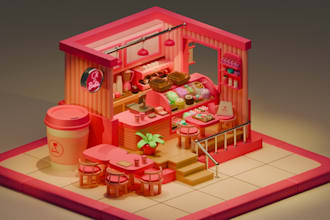cute aesthetic 3d miniature models, dioramas and interiors