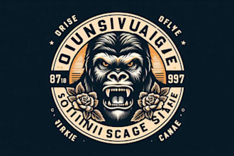 do a unique vintage gorilla logo with t shirt design