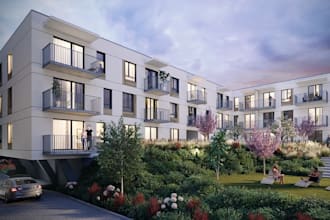 3d apartment complex,building facade,balcony, landscape render, townhouse design