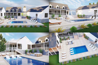 create a realistic 3d backyard pool, patio pool and outdoor living design