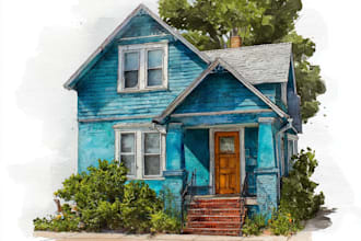 paint a watercolor house portrait or city space illustration