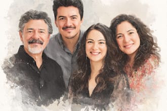 merge photos to watercolor family portrait illustration