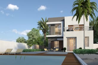 3d modern home, tiny house, outdoor design, pergola, backyard garden, pool, cgi