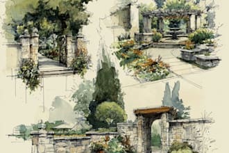 draw watercolor drawings of landscape designs or home gardens