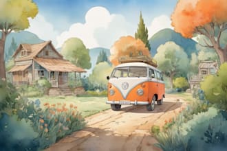 draw cartoon, vintage and watercolor illustration