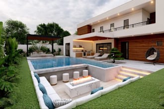 revamp modern exterior, outside building rendering, orchard landscape, 3ds max
