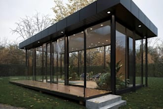 visualize 3d cabin house, glass pavilion design, pergola model, exterior render